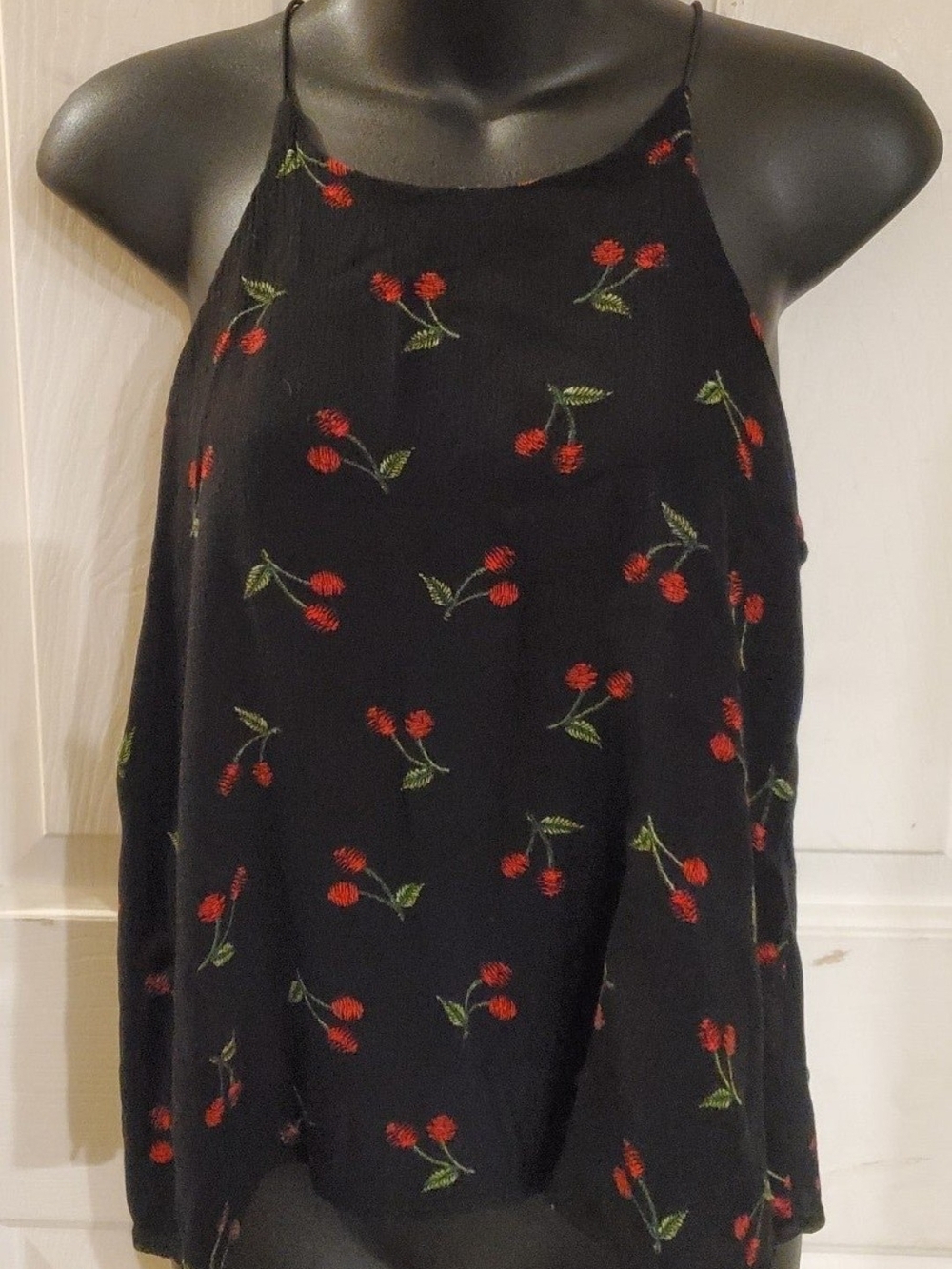 Papermoon Black Top with Embroidered Cherry Accents #Red-t-3#